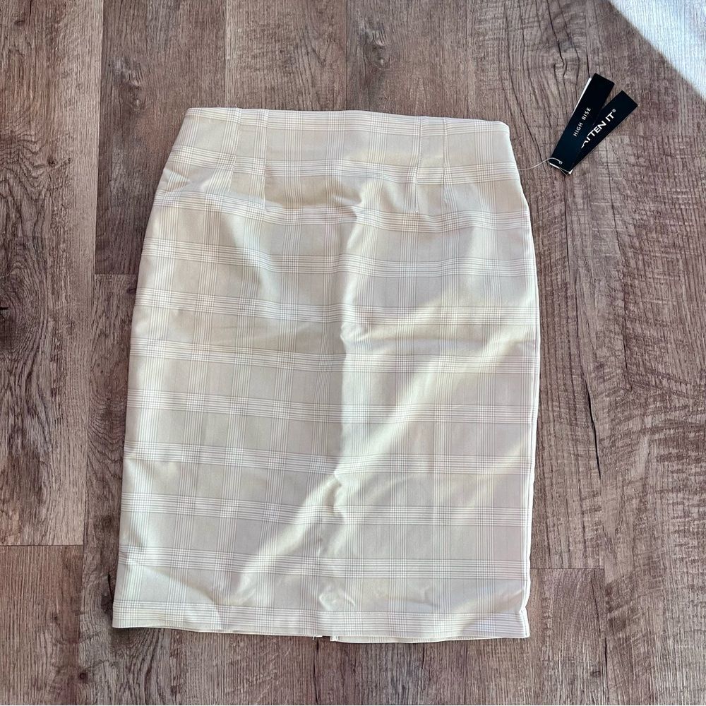 NWT Tribal Cream Tan Plaid Pencil Skirt Business Casual Stretch Sz. 10